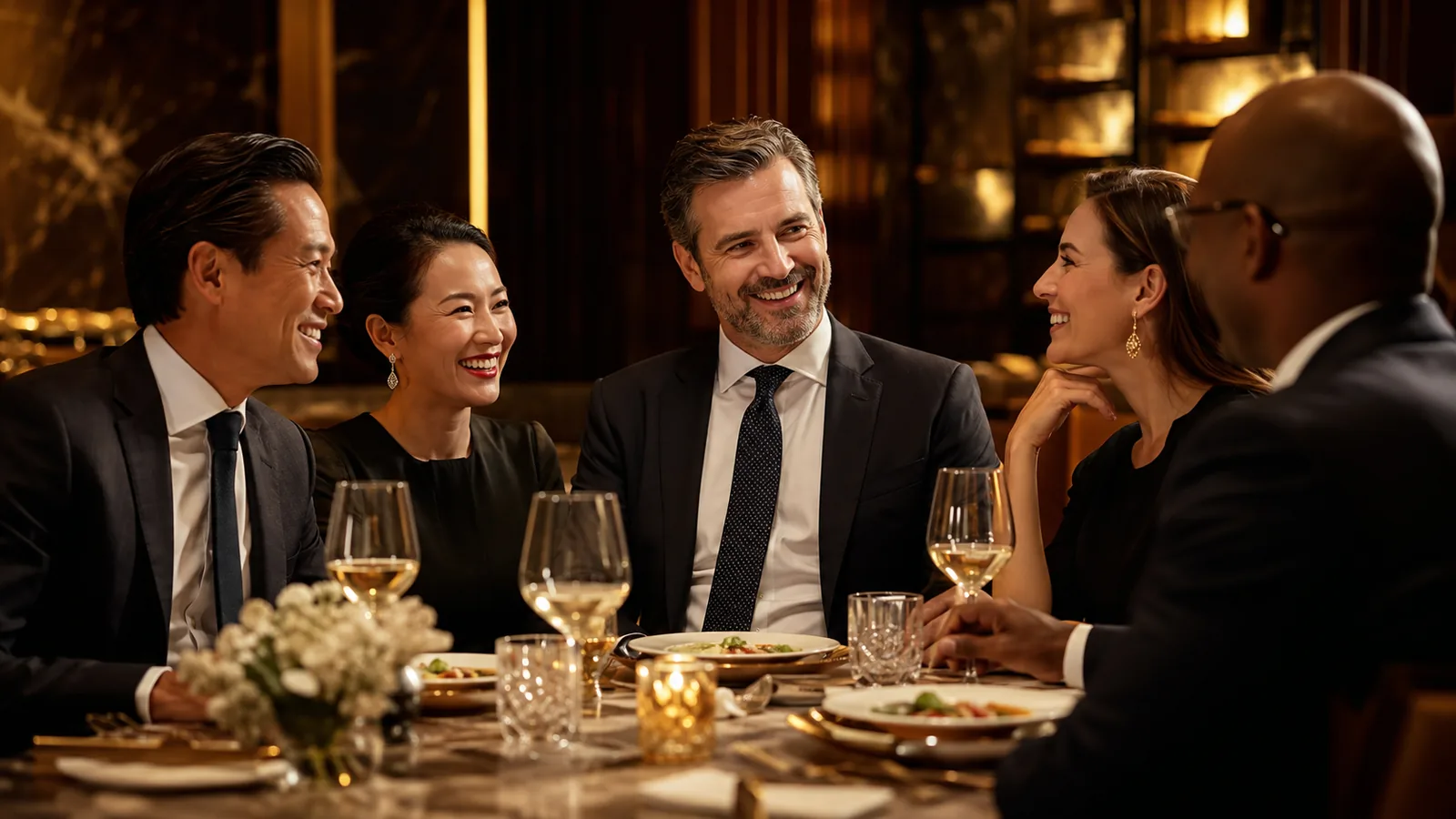 Ejecutivos compartiendo una cena corporativa de alto estándar, imagen conceptual